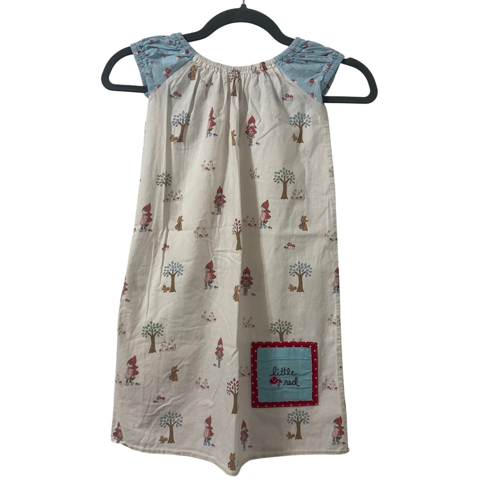 Handmade‎ Little Red Riding Hood Fairy Tale Print Girls Dress Cream Blue Pocket